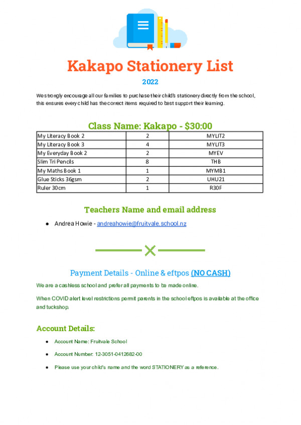 Stationery List Kakapo