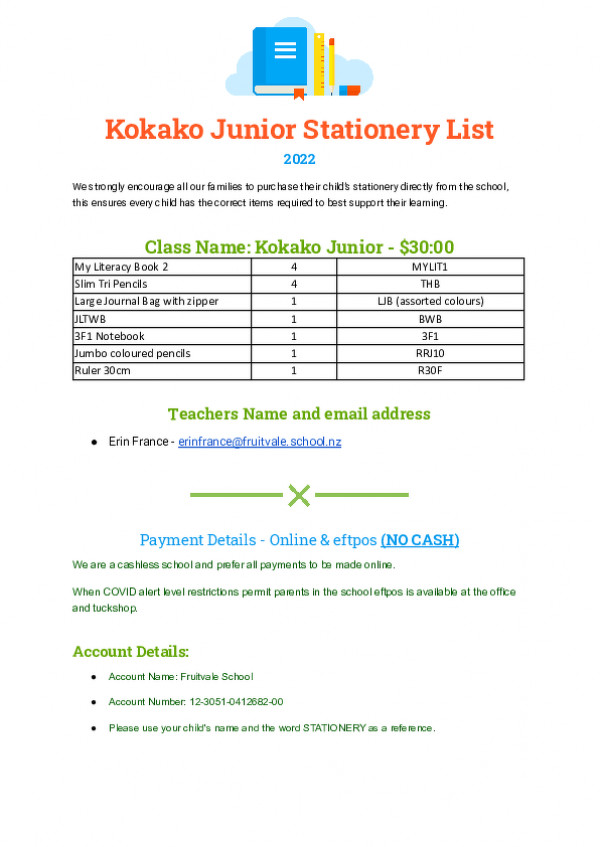 Stationery List Kokako Jnr
