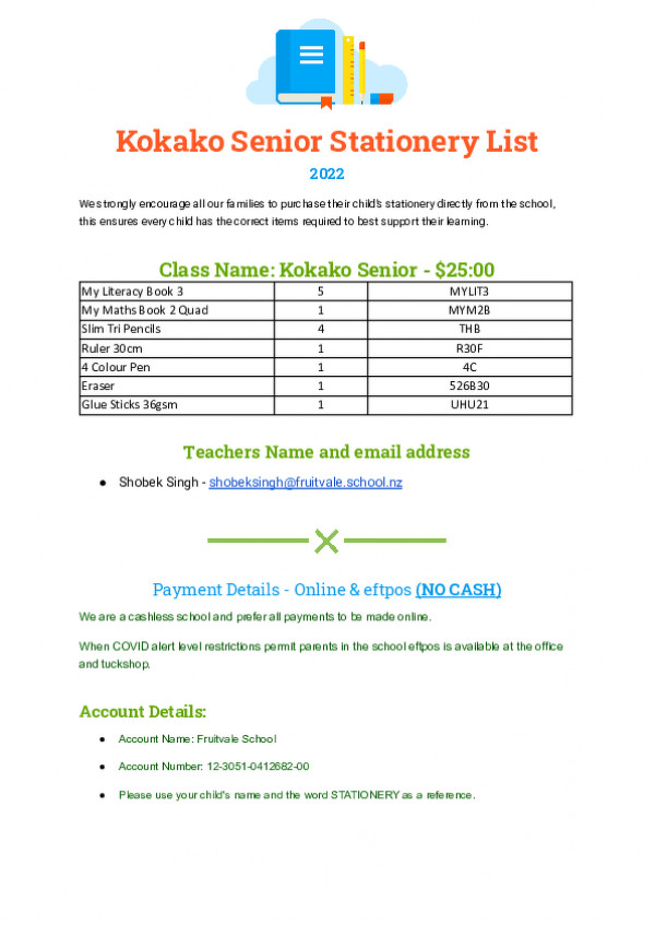 Stationery List Kokako Snr