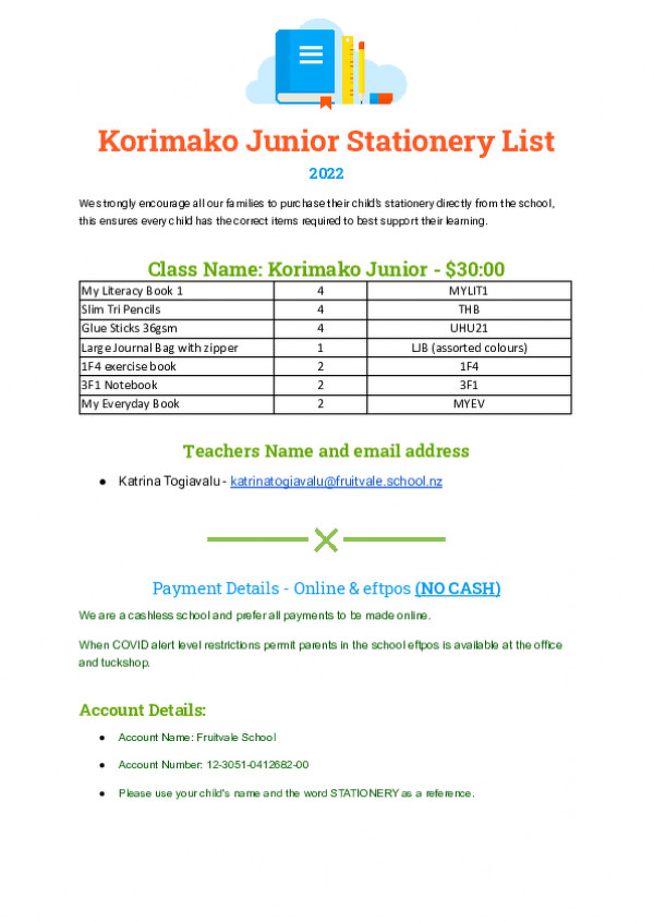 Stationery List Korimako Jnr