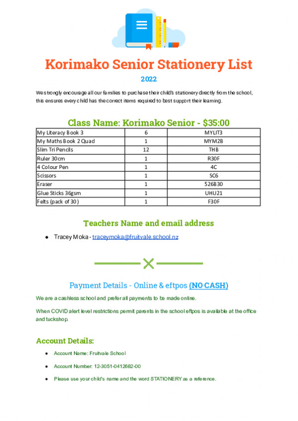 Stationery List Korimako Snr