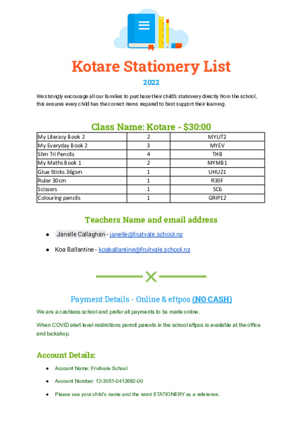 Stationery List Kotare