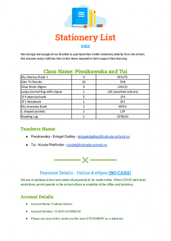 Stationery List Piwakawaka Tui
