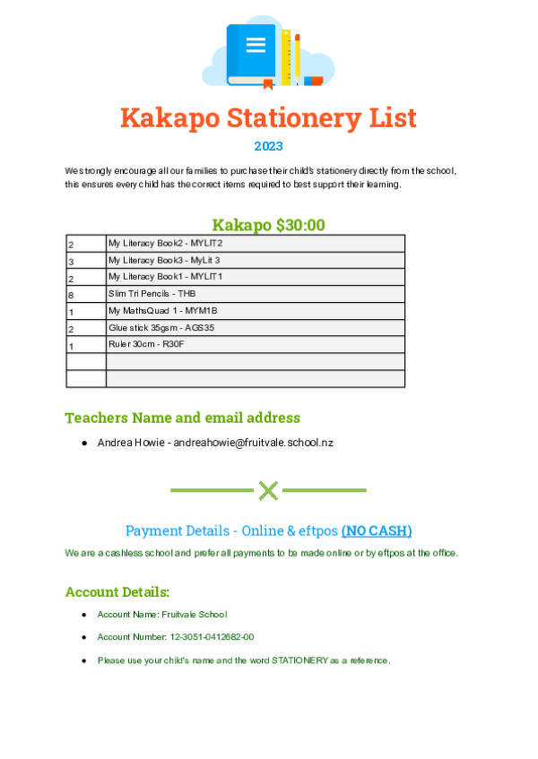 2023   Kakapo Stationery List