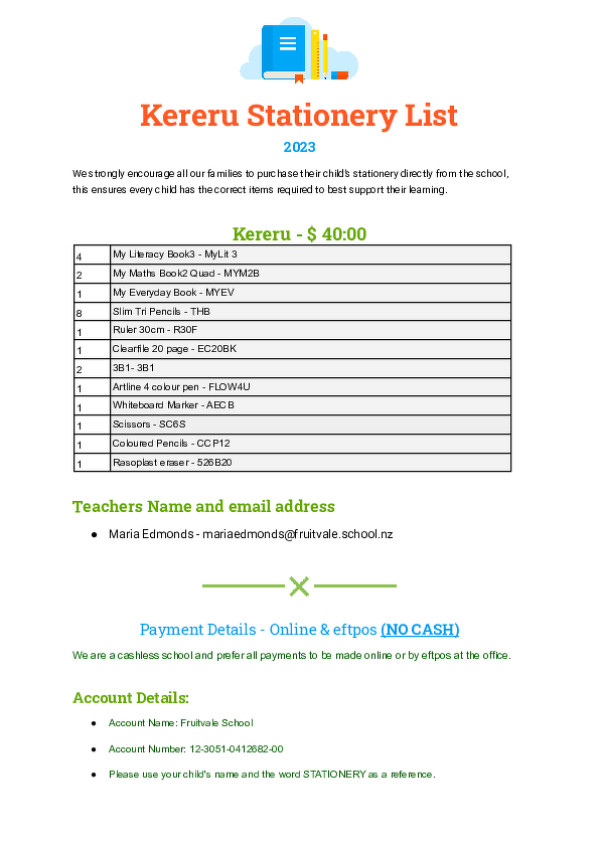 2023   Kereru Stationery List