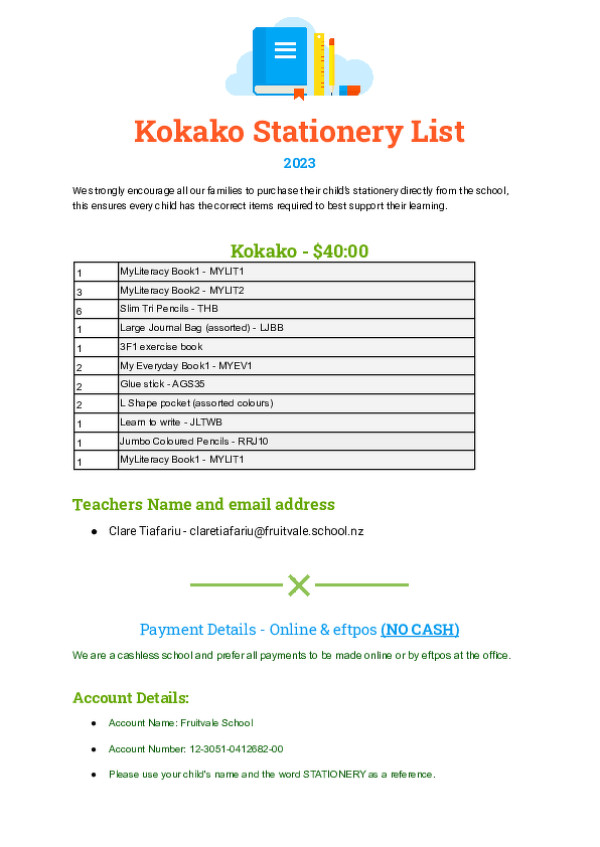 2023   Kokako Stationery List