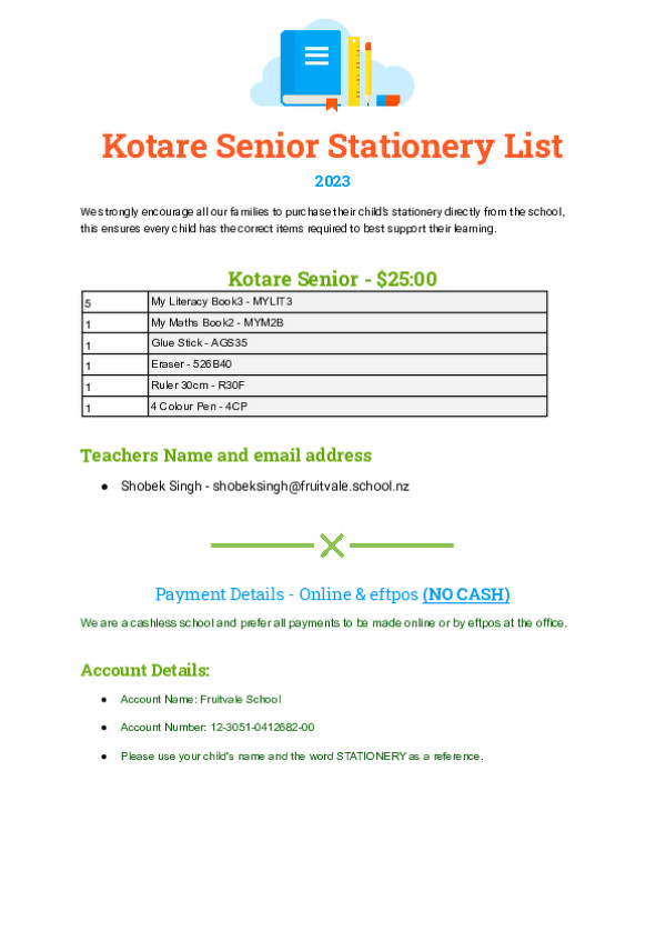 2023 Kotare Snr Stationery List