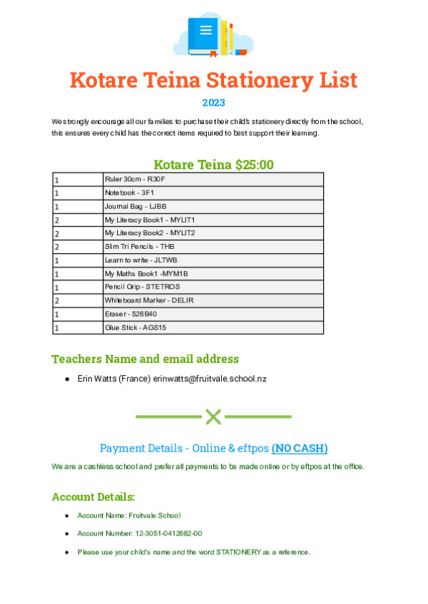 2023   Kotare Teina Stationery List