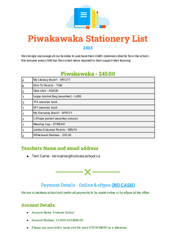 2023   Piwakawaka  Stationery List