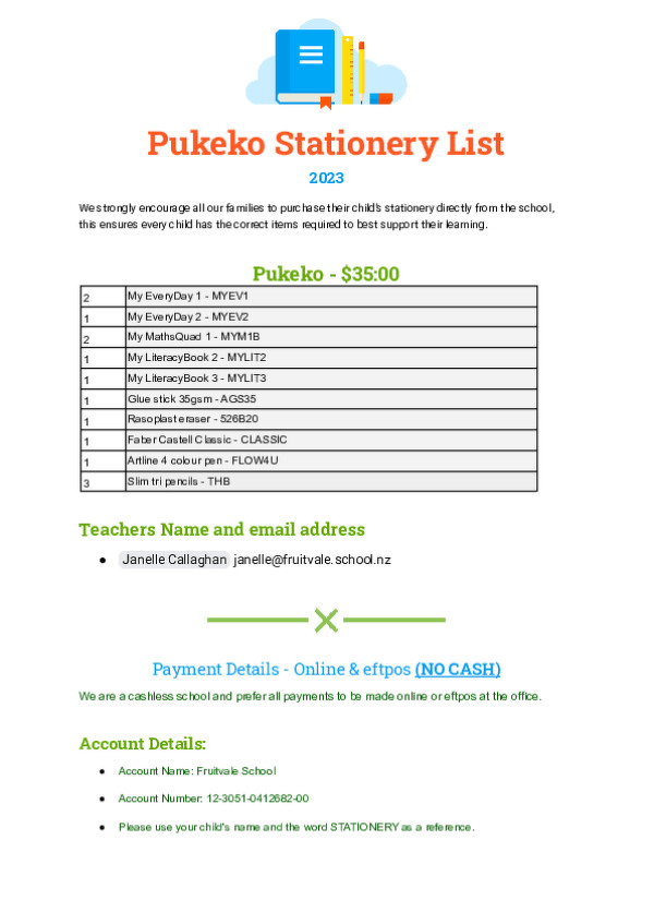 2023   Pukeko Stationery List