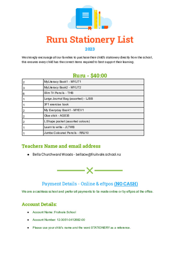 2023   Ruru Stationery List