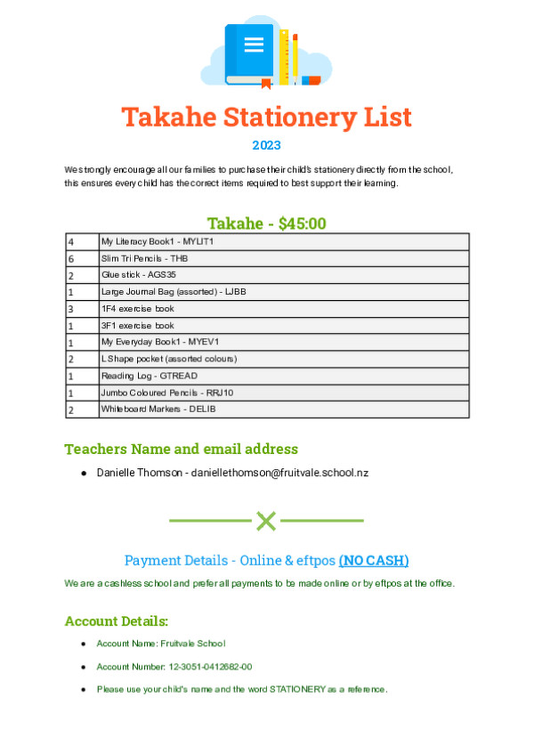 2023   Takahe Stationery List