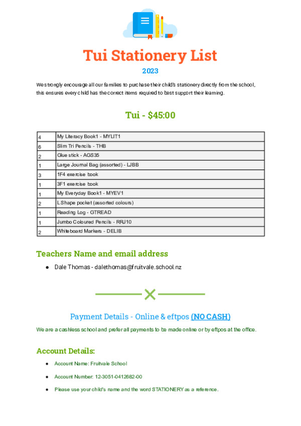 2023   Tui Stationery List